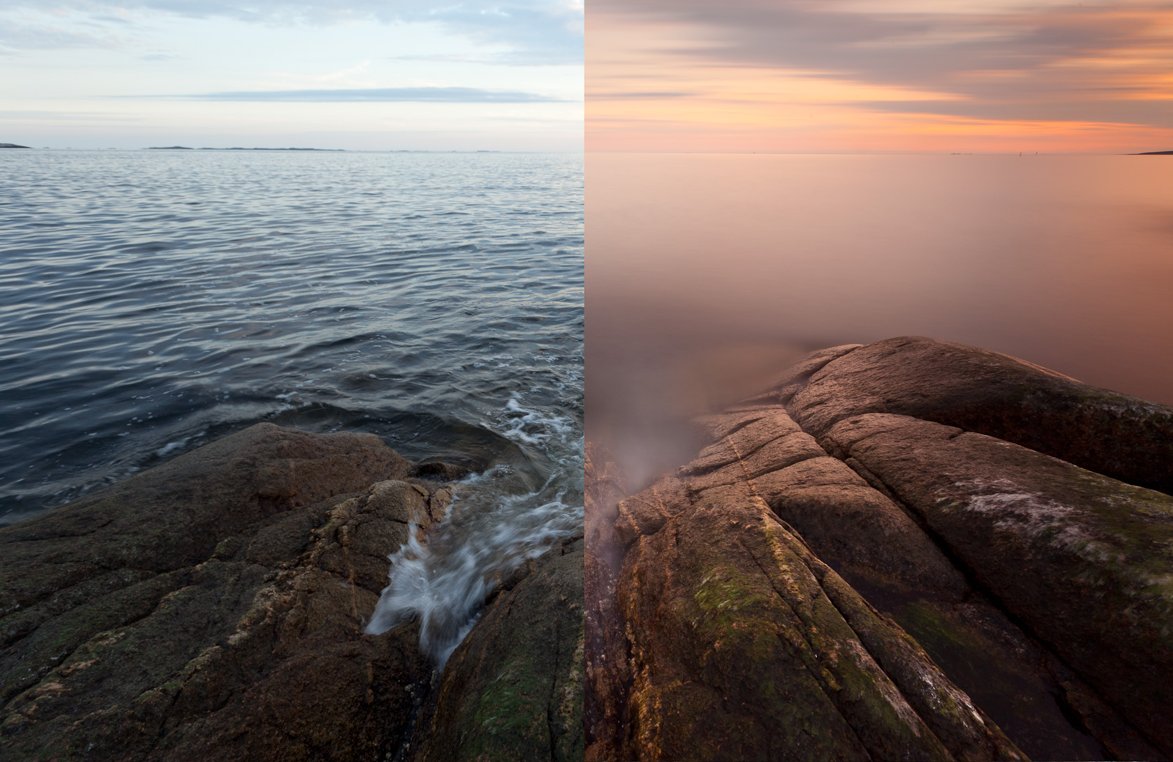 To illustrate the difference of a 10 stop ND filter, I made this image, consisting of a normal exposure (on the left) and an exposure with a 10 stop ND filter (right). Shooting with very heavy ND filters is challenging, but as you can see, the effects can be mesmerizing. Waves are smoothed out, splashed become mist, the light takes on a different character, and in the case of my B+W ND, I get a warm, pinkish tone. Settings. Before: 1/20 sec, f/8, ISO 200 After: 239 sec (4 minutes), f/16, ISO 200